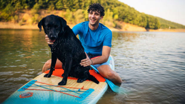 Man sitting on a paddle board in a lake with a black dog
